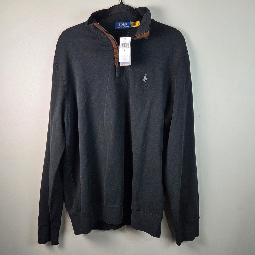 Polo Ralph Lauren Pullover Men L Black NEW Quarter Zip Suede Trim Luxury Sweater